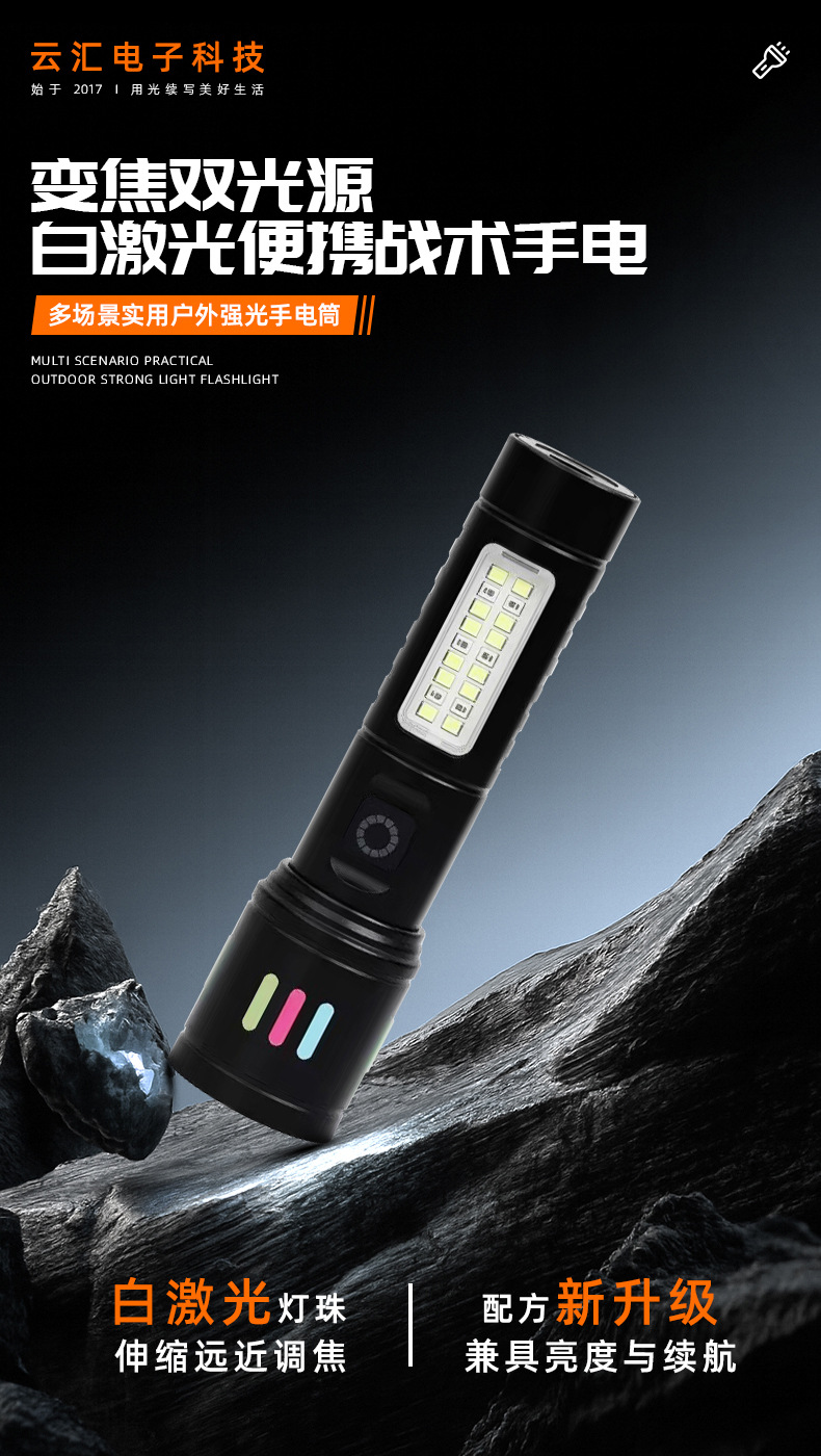 Cross-border white laser flashlight with adjustable zoom, dual light source, outdoor camping adventure emergency flashlight, dustproof flashlight