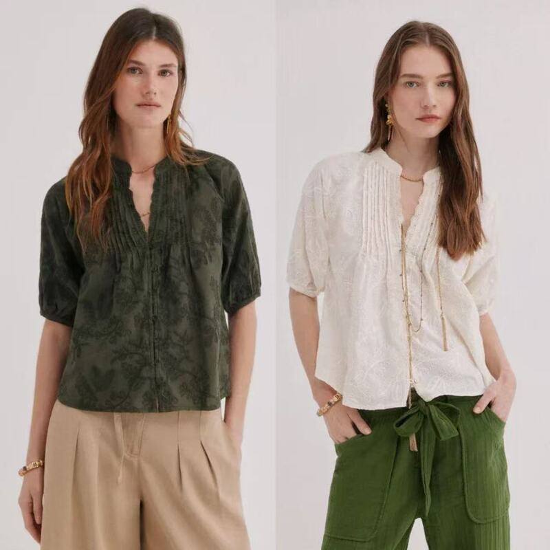 French V-Neck Lace Embroidered Lace Shirt 2026 New Cotton Short-Sleeved Shirt with Front Buttons for Women French V-Neck Lace Embroidered Lace Shirt 2026 New Cotton Short-Sleeved Shirt with Front Buttons for Women