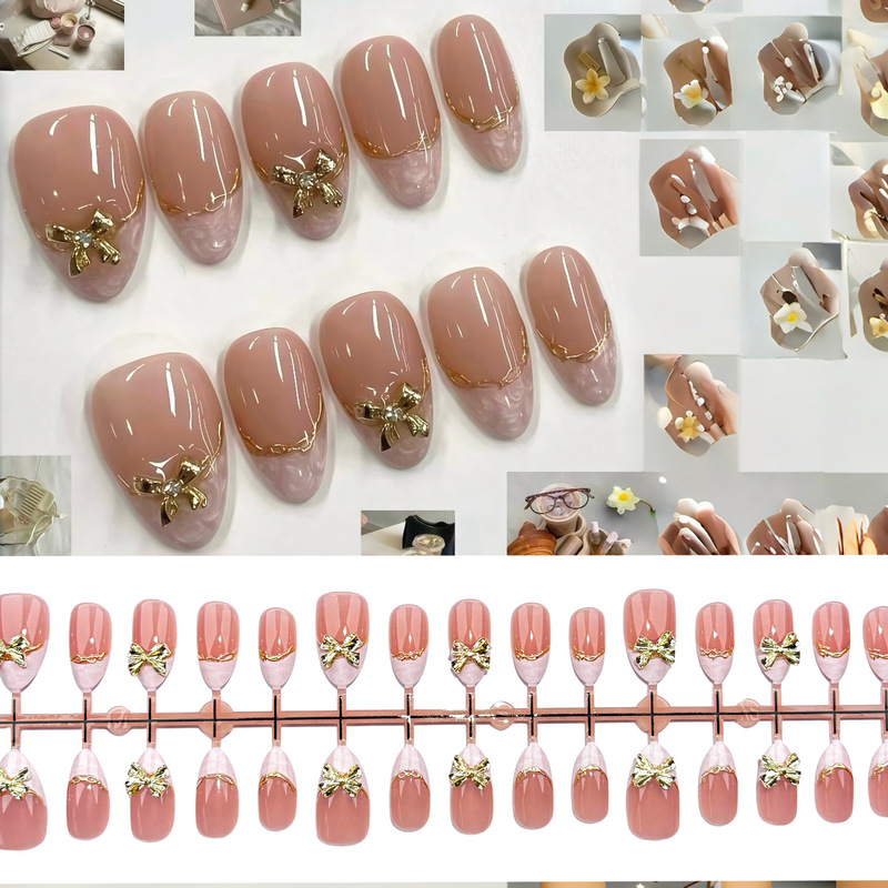Golden Bow French-Style Gilded Short Almond Light Purple Cross-Border Best-Selling White Women's Nail Stickers Golden Bow French-Style Gilded Short Almond Light Purple Cross-Border Best-Selling White Women's Nail Stickers