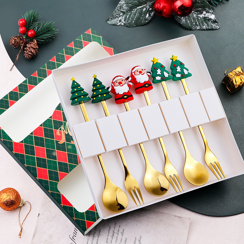 Cuchara transfronteriza de acero inoxidable Santa Claus árbol cuchara de café postre tenedor de fruta muñeca cuchara tenedor vajilla juego de regalo image 4