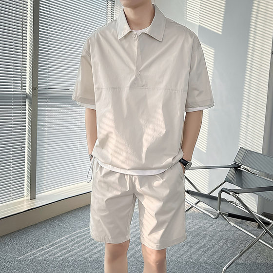 2025 Summer Solid Color Short-sleeved Shorts suit Men's Korean-style Ins Casual Loose Polo Shirt Two-piece Set