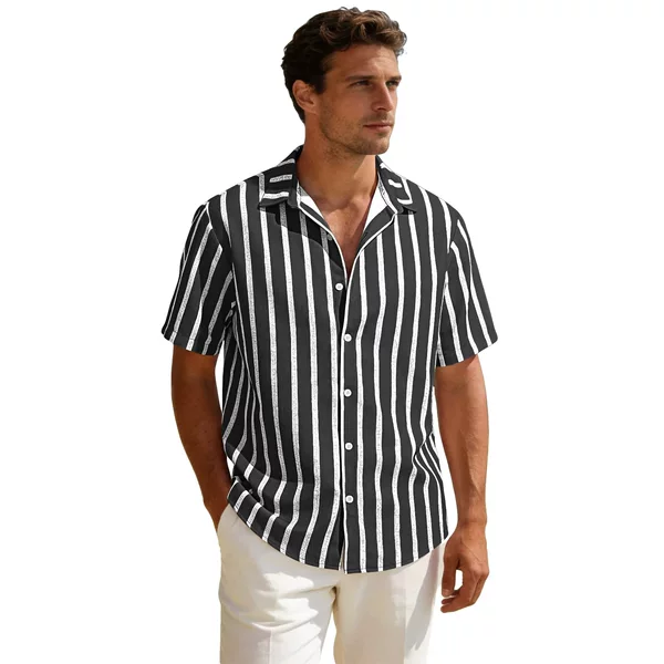 Cross-Border Men's Shirts, New Summer Style, Striped Short-Sleeved Shirts, Polyester Four-Way Stretch, Large Size Casual Shirts for Men