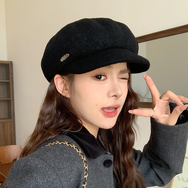 Boina de lana de mujeres de otoño y invierno moda versátil tendencia muestra cara pequeña gorra pintora gorra de boca de pato retró gorra de octogono