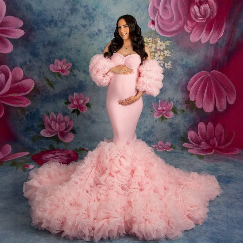 Cross-border plus-size fluffy mesh maternity photo shoot dress, strapless, waist-cinching, fishtail, extra-long train, studio maternity gown Cross-border plus-size fluffy mesh maternity photo shoot dress, strapless, waist-cinching, fishtail, extra-long train, studio maternity gown