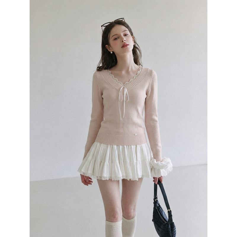 Pink lace trim bow-tie knitted sweater for women, new autumn style, slim-fit, elegant, soft and cozy V-neck top