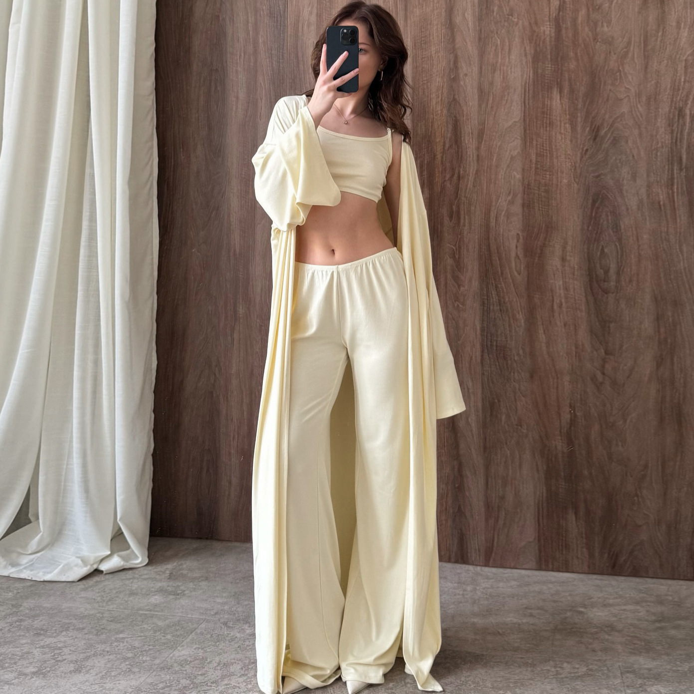 Yellow Milk Silk Camisole Robe and Pants Can Be Worn Outside, Three-Piece Pajama Set, 2026 European and American Autumn New Style for Women