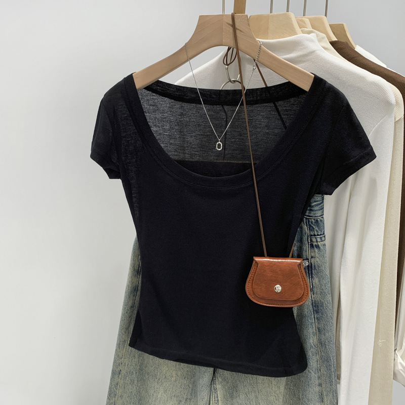 ホット販売パープル薄型 U ネックスリム半袖 Tシャツ女性のための 2025 夏の新しいユニークな美しい年齢を減らすトップ|undefined