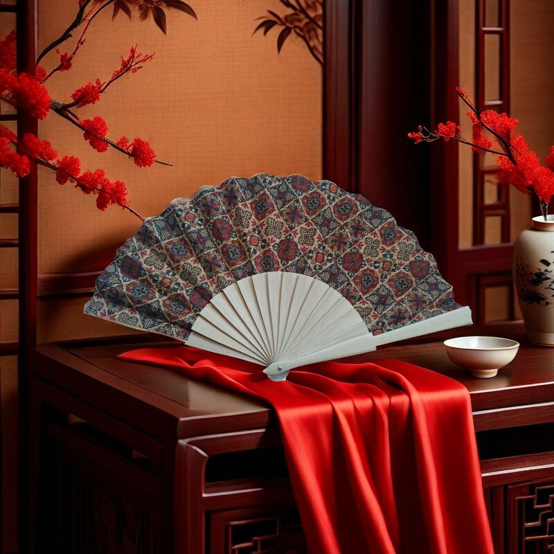 Wooden New Chinese-Style Classical Plaid Small Fan, Portable Accessory, Hanfu Horse-Faced Skirt Fan, Retro Folding Fan for Women