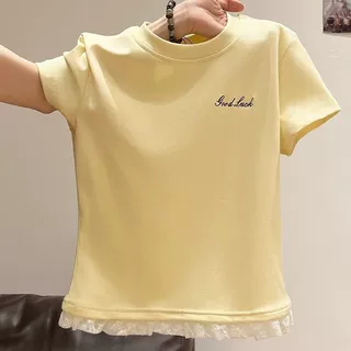 蕾丝下摆正肩刺绣圆领短袖t恤女2026年夏季新款设计感修身上衣