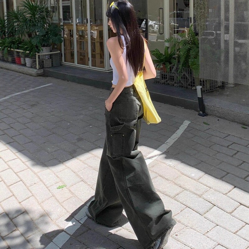 美式复古工装裤女秋季2025新款军绿色小个子休闲宽松阔腿牛仔裤潮|undefined