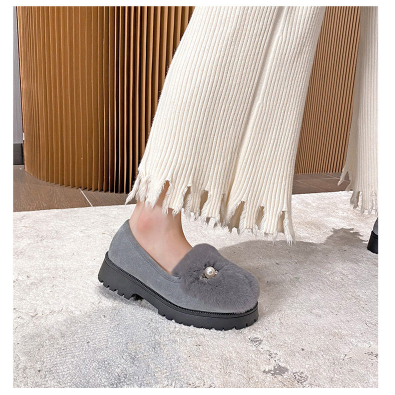 Giày lười nữ lông thỏ thật kiểu hạt đậu, đế dày gót 3-5 cm, đi trong nhà và ngoài trời mùa đông — Màu xám, Màu đen chi tiết 22