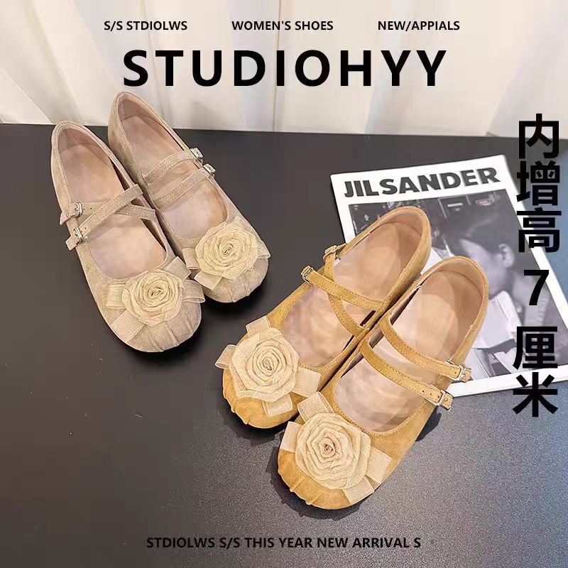 Factory Direct Sale 7cm Height-Increasing Mary Jane Shoes for Women, 2026 Spring and Autumn New Floral Soft-Soled Shoes