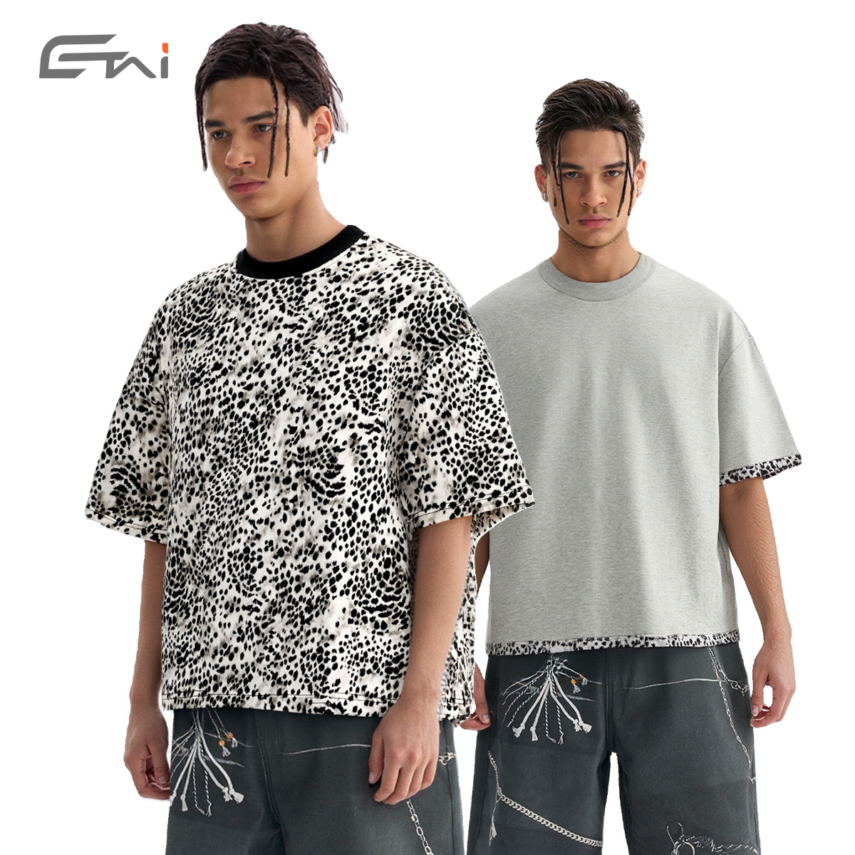Calle de moda personalidad doble cara vestido leopardo camiseta de manga corta verano nuevo corto ancho cuello redondo chaqueta casual hombre