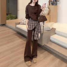 时尚套装女2025秋季新款套头宽松斜肩卫衣 +拼接格子微喇裤两件套