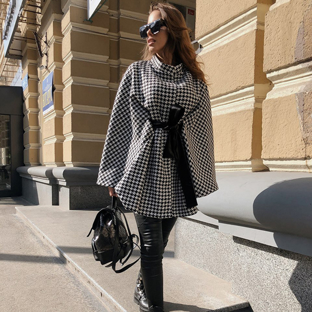 women's houndstooth woolen loose tie cloak coat nihaostyles clothing wholesale NSXPF72443