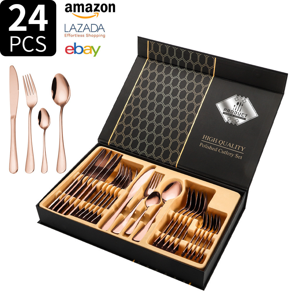 Fuente transfronteriza Amazon 1010 cubiertos de acero inoxidable cuchillo de comida occidental tenedor cuchara 24 piezas caja de regalo cuchara hotel