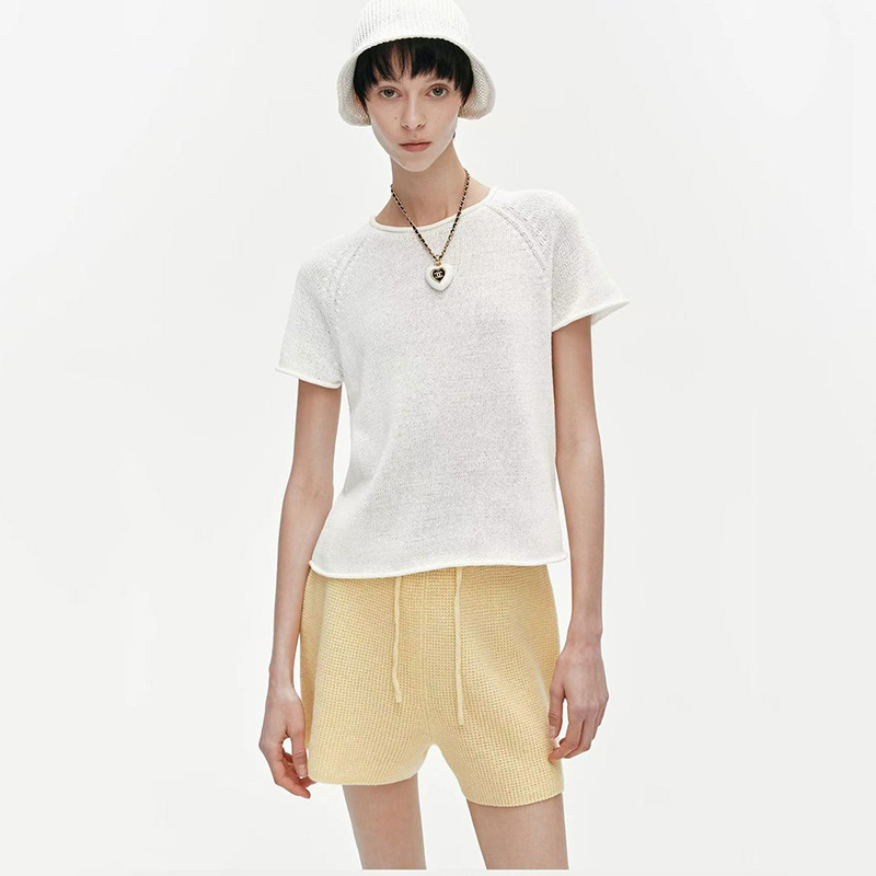 Spring and Summer New Style [Nuomi Ci] Cotton and Linen Blend Versatile Rolled-Edge Casual Round-Neck Knit Short-Sleeve T-Shirt for Women