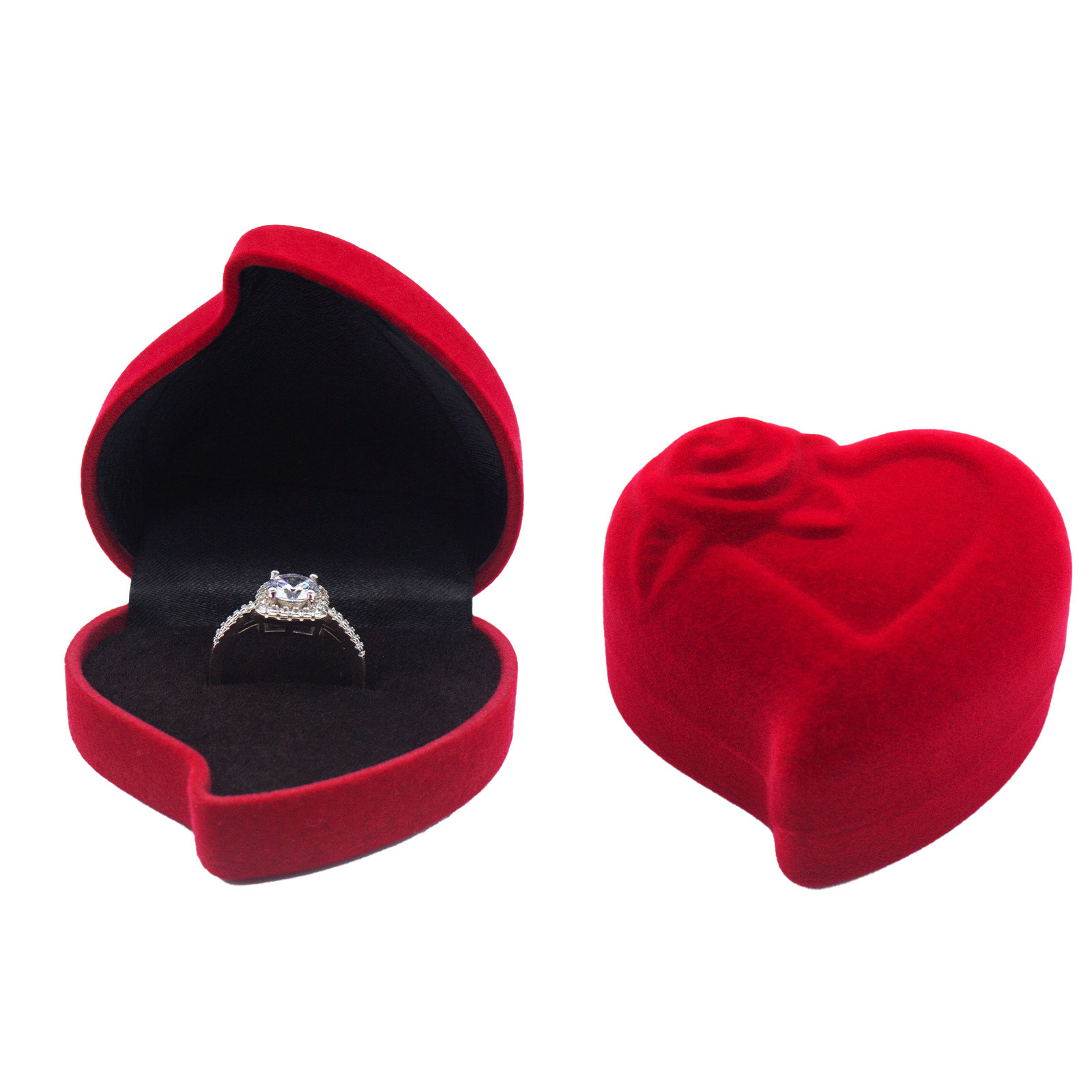 Caja para anillo individual con forma de corazón, diseño floral inclinado, color melocotón, exterior rojo e interior negro; 60*60*40mm