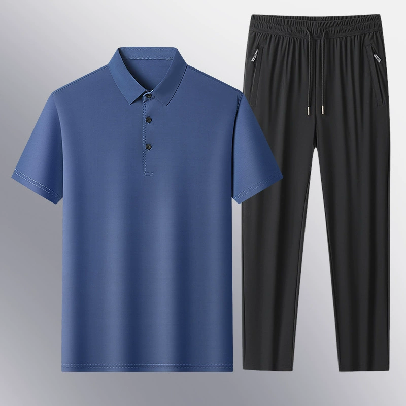 Популярные летние мужские деловые повседневные брюки-поло из ледяного шелка, костюм-двойка для спортивных и повседневных костюмов среднего и пожилого возраста