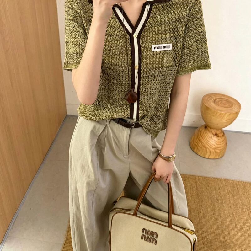 Shenzhen Nanyou~Miu26 New Summer Style Lettered Mesh Crochet Lapel Short-Sleeved Cardigan Loose Knitted Top