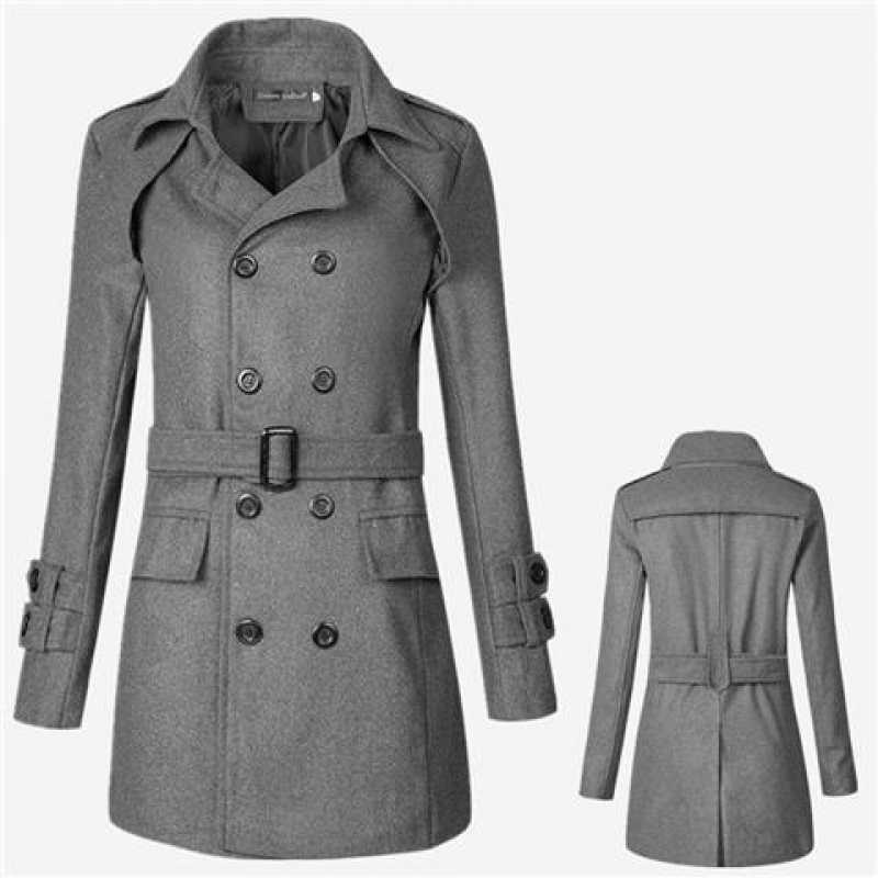 Abrigo retro británico de mediana longitud hebilla abrigo de lana de doble fila de lana engrosada para hombres cinturón rompevientos Delgado Otoño e Invierno estilo japonés