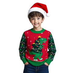 子供用クリスマスセーター、欧米風秋冬新作、男の子用漫画恐竜柄ジャカードプルオーバーニットセーター