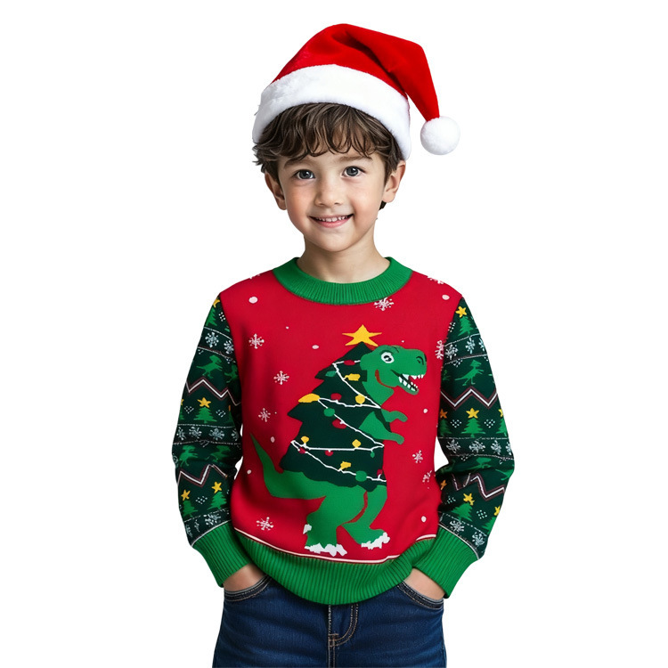 Children's Christmas Sweater 2026 New Style European and American Boys' Cartoon Dinosaur Round Neck Base Knit Sweater Foreign Trade Children's Clothing