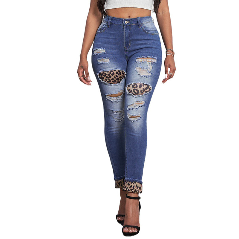 时颖欧美牛仔裤女2022新款破洞拼接时尚修身长款深色小脚裤子女