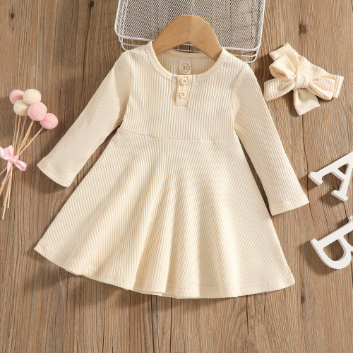 Ins-style Spring and Autumn Season Cross-border Exclusive Girls' Clothing Round Neck Buttonless Plain Color Casual Comfort Ribbed Long Sleeve Dress