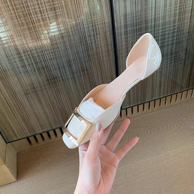 Women's Shallow Single Shoes 2025 New Patent Leather Rv Square Buckle French Style Elegant Hollow Square Toe Granny Flat Shoes Commuter Style