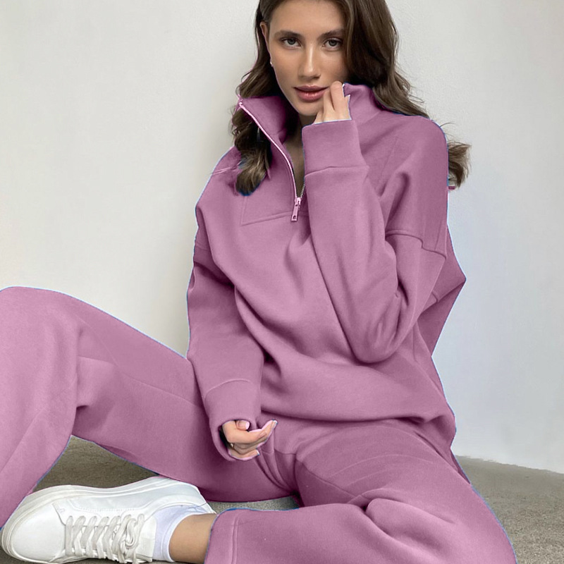 Vêtements pour femmes, sweat-shirt en coton de couleur unie, combinaison à fermeture éclair et pantalon de sport ample en velours pour femmes_voghion.com