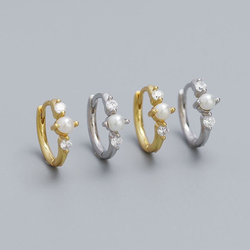 6g Weight 0.03µm Gold Plating Thickness 1 Pair 925 Sterling Silver Pearl Zircon Round Earrings