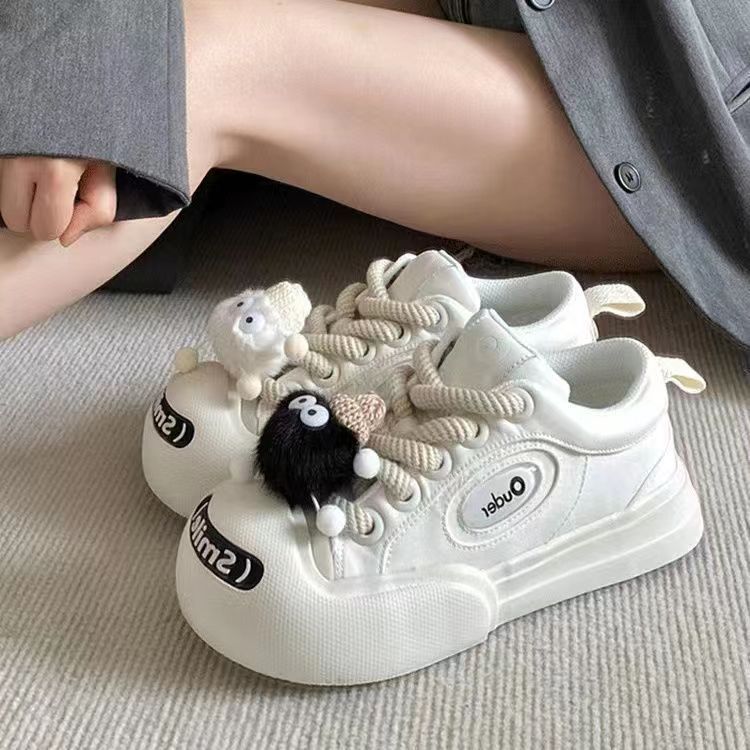 开口笑大头帆布鞋女学生2025夏季圆头丑萌厚底卡通百休闲鞋系带鞋