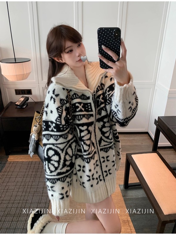 复古提花翻领毛衣外套女2025新款秋冬慵懒设计感宽松拉链针织开衫|undefined
