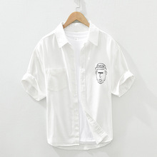 2596白色印花衬衫男个性设计感人物图案时尚休闲短袖衬衣一件代发