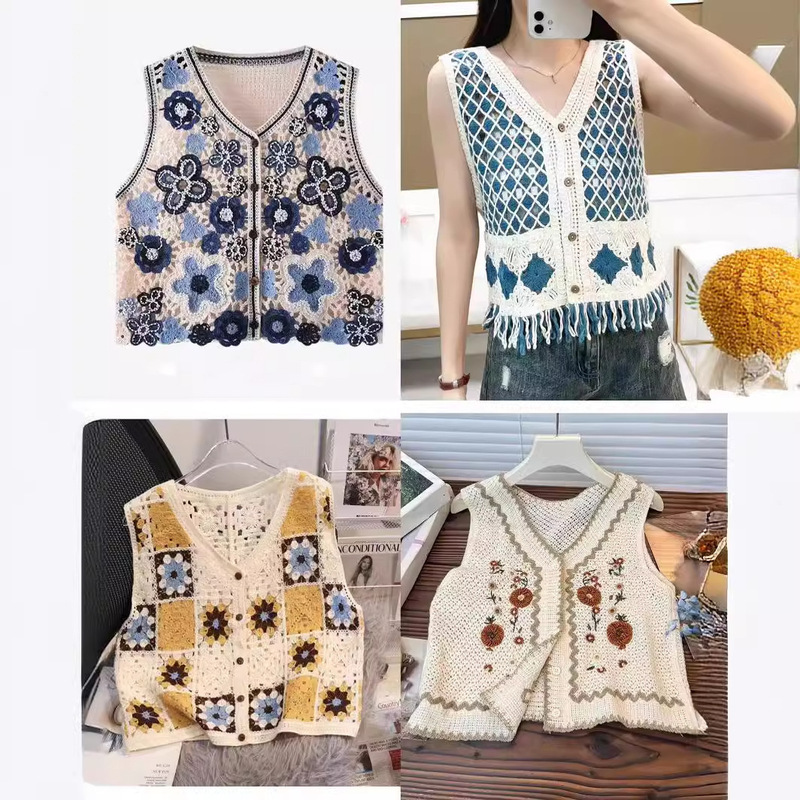 Ethnic Style Beaded Crochet Knitted Vest for Women, Spring and Summer Hollow-Out Thin Single-Breasted Cardigan for Outerwear