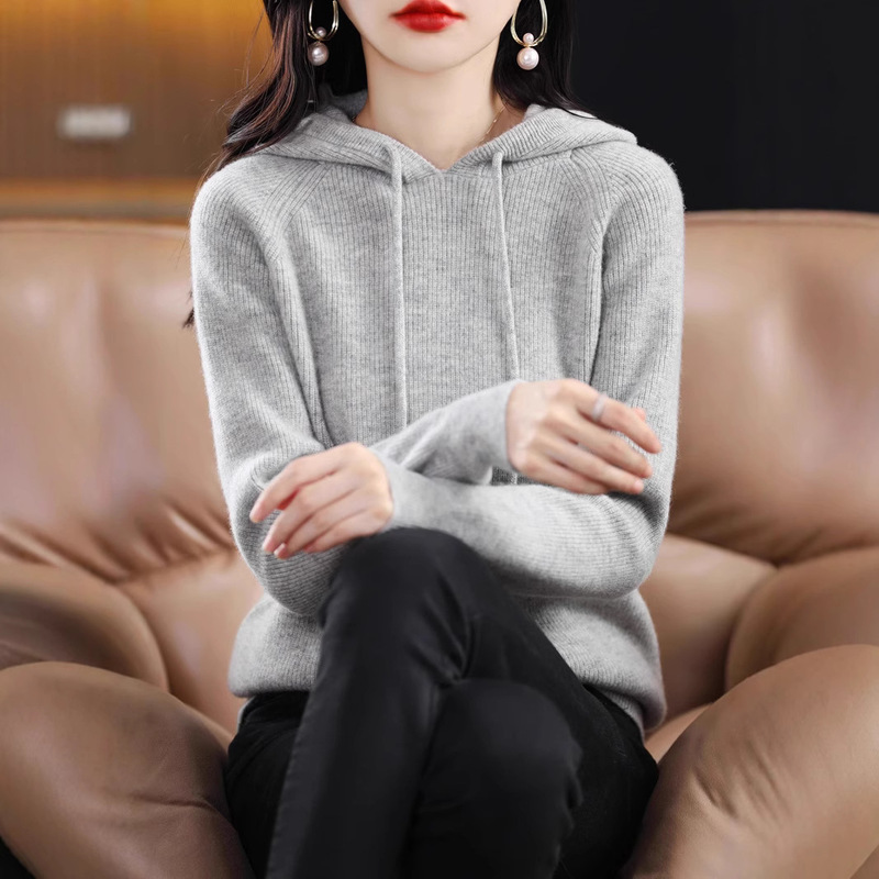 New Hoodie Autumn and Winter Elegant Pullover Thickened Long-sleeved Hooded regular Women's Knitwear Loose Simple Sweater for Women