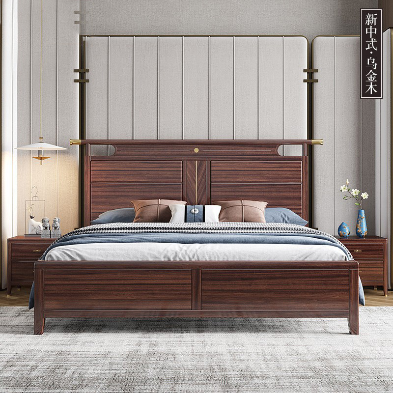Nuevo estilo chino de madera de madera negra 1.5M cama de matrimonio simple moderna dormitorio de alojamiento de vivienda muebles de almacenamiento cama de madera maciza doble 1.8m