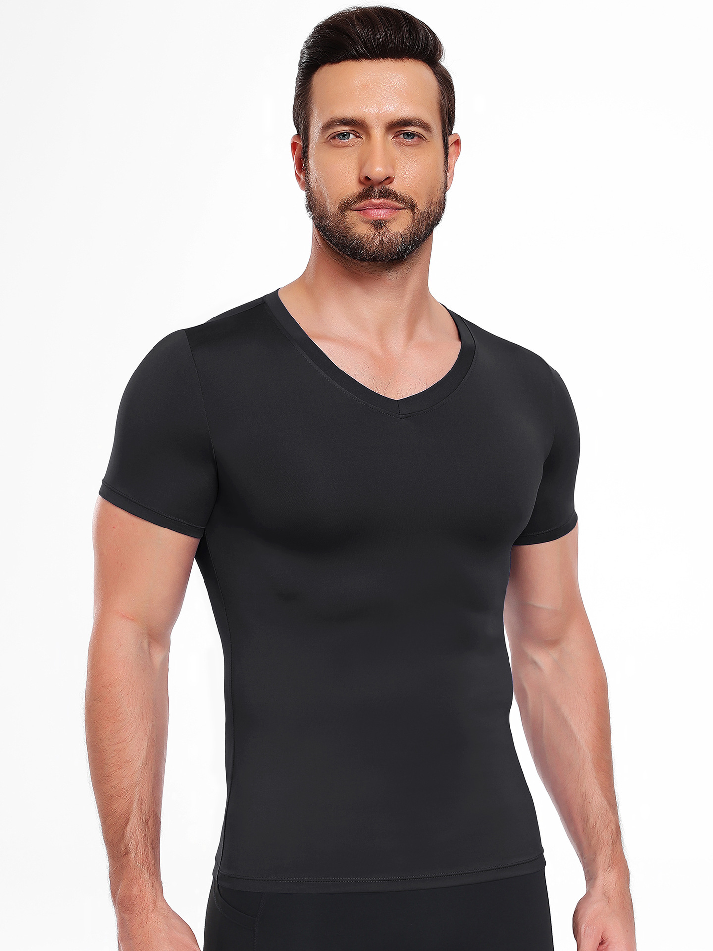 Hombres camiseta de cuello en V ajustado de color sólido de alto elástico camiseta deportiva de base rápida secado transpirable acondicionamiento físico correr baloncesto mangas cortas