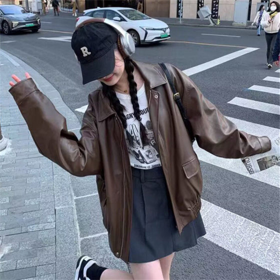 Maillard Leather Coat American Sweet Cool Wear Brown Leather Coat Windproof Loose American Vintage Biker Jacket