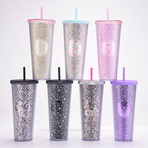 Double-layer plastic straw cup large capacity creative 710ml durian cup hand cup luminous color changing rainbow gradient cup