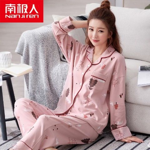 Pijamas de primavera y otoño de las mujeres más el tamaño % de algodón de manga larga traje de dos piezas Otoño e Invierno Delgado se puede usar fuera de casa