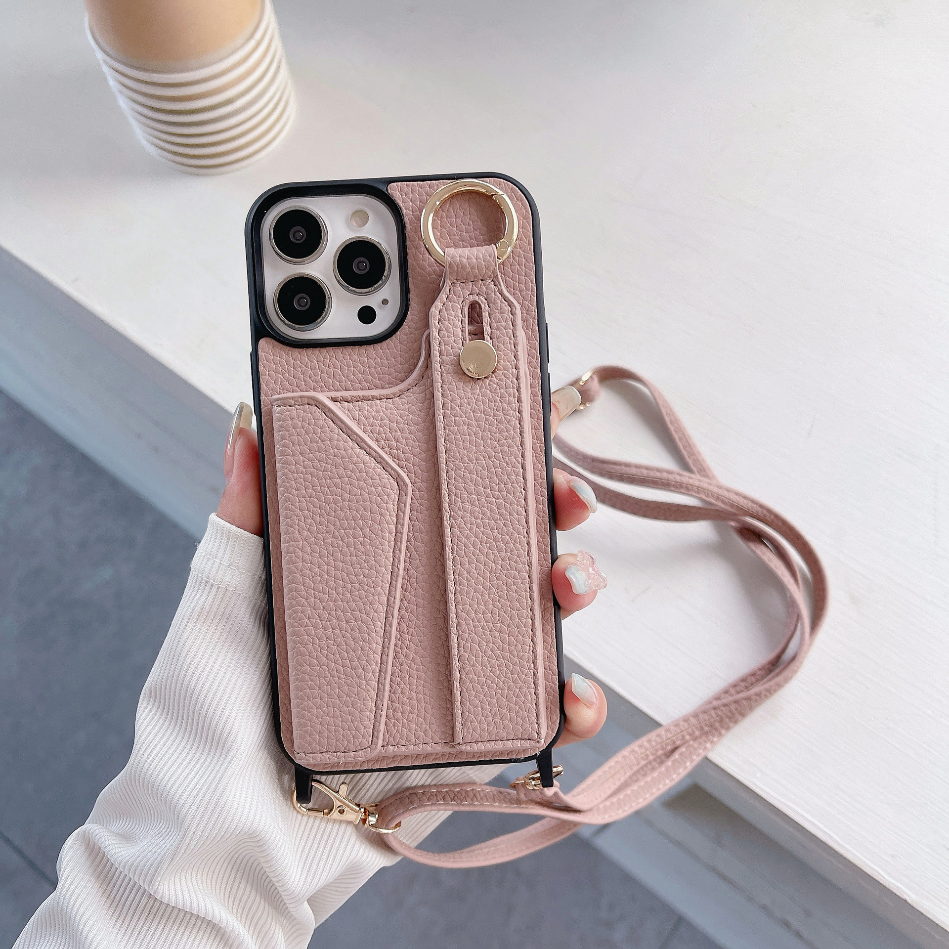 TechGlobe Suitable For IPhone 17 Pro Max Wrist Phone 12/13 Crossbody Shoulder Strap Card Slot Protective Leather Case_voghion.com