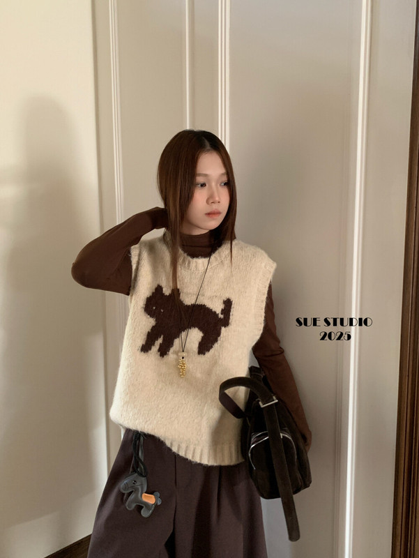 SUE十三行时尚圆领软糯毛衣马甲女秋冬新款软糯针织衫上衣潮89008|undefined