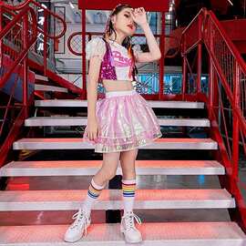 六一儿童啦啦队演出服男女童幼儿园爵士舞服亮片表演套装运动会夏