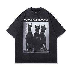 TKPA美式高街杜賓犬印花水洗做舊短袖t恤男女oversize古着半袖tee