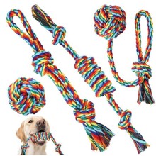 厂家定做宠物玩具棉绳狗狗磨牙玩具耐咬彩虹棉绳四件套狗咬绳结
