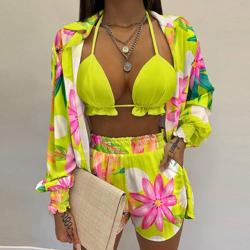 385g Weight Nine Points Sleeve Sleeve Length Polyester Fabric Type Pant Co-ord Set Sets Type 3 Pieces Set Quantity Holiday, Beach Occasion Halter Neck Neckline Regular Fit Fit Type Gradient Color, Tropical, Solid Color Pattern Summer Season Women's Gender Printing Design Vacation Style Holiday Beach Women's Vacation Gradient Color Tropical Solid Color Polyester Printing Pant Co-ord Set Shorts Sets 7