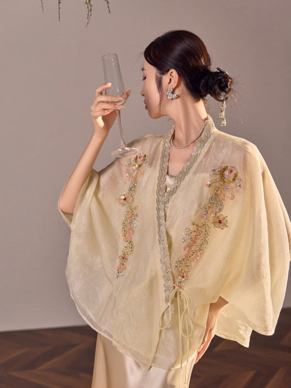 时髦2025新款国风钉珠刺绣天丝上衣高端新中式开衫外套女 N6019|undefined