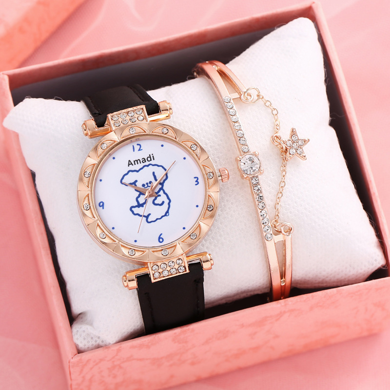 Utvald 2024 Amadi Ny Söt Björn Enkel Söt Klocka + Armband Presentask Dammode Quartz Klocka_voghion.com